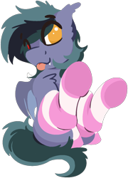 Size: 947x1315 | Tagged: safe, artist:rhythmpixel, derpibooru import, oc, oc only, oc:scrimmy, bat pony, pony, :p, bat pony oc, bat wings, chest fluff, clothes, ear fluff, ears, fangs, gift art, heterochromia, male, pixel art, pony oc, simple background, socks, solo, striped socks, thigh highs, tongue, tongue out, transparent background, wings