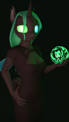 Size: 1080x1920 | Tagged: safe, artist:kamimation, derpibooru import, oc, oc only, oc:soulseeker, anthro, changeling, 3d, 3d model, blender, clothes, crystal ball, dress, hand on hip, horn, looking at you, multicolored eyes, simple background, solo, spirit, wings