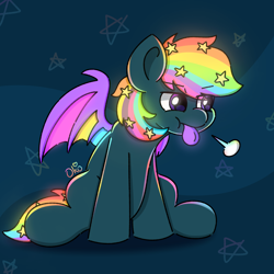 Size: 1300x1300 | Tagged: safe, artist:okopod, derpibooru import, oc, oc only, oc:prism star, bat pony, pony, :p, abstract background, annoyed, bat pony oc, bat wings, cute, glowing, glowing eyes, glowing mane, glowing mouth, glowing tail, glowing wings, heterochromia, irritated, male, pony oc, sigh, simple background, solo, spread wings, tail, tongue, tongue out, wings