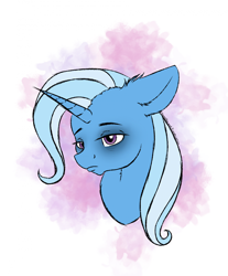 Size: 1746x2110 | Tagged: safe, artist:sweetpea-and-friends, derpibooru import, trixie, pony, unicorn, bags under eyes, bust, ear fluff, ears, eyebrows, eyelashes, female, floppy ears, frown, horn, mare, simple background, solo, white background