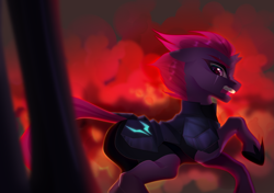 Size: 4961x3485 | Tagged: safe, artist:eiirine, derpibooru import, fizzlepop berrytwist, tempest shadow, pony, unicorn, my little pony: the movie, angry, armor, broken horn, female, hopping, horn, lineless, mare, open mouth, red light, running, scar, screaming, smoke, solo, wind