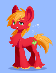 Size: 1683x2189 | Tagged: safe, artist:1an1, derpibooru import, big macintosh, earth pony, pony, g4, big ears, blue background, bubble, cheek fluff, chest fluff, ears, eyebrows, eyelashes, fetlock tuft, freckles, furrowed brow, lidded eyes, looking at you, male, messy mane, missing accessory, open mouth, open smile, simple background, smiling, smiling at you, solo, stallion, tail, unshorn fetlocks