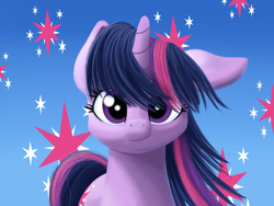 Size: 3200x2400 | Tagged: safe, artist:stellardust, derpibooru exclusive, derpibooru import, twilight sparkle, unicorn twilight, pony, unicorn, abstract background, bust, ears, female, floppy ears, gradient background, high res, lineless, looking at you, mare, one ear down, portrait, redraw, smiling, smiling at you, solo