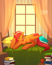 Size: 2993x3755 | Tagged: safe, artist:chamommile, derpibooru import, oc, oc only, alicorn, pony, bed, bedroom, book, commission, eyes closed, female, full body, light, morning, morning ponies, orange pony, red hair, sleeping, sleepy, solo, ych result