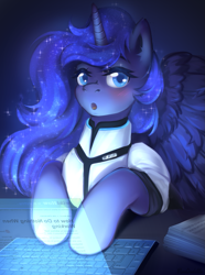 Size: 1085x1460 | Tagged: safe, artist:blueomlette, derpibooru import, princess luna, alicorn, pony, blushing, clothes, computer, connor luna, crossover, detroit: become human, dexterous hooves, ear fluff, ears, ethereal mane, eyebrows, eyelashes, feathered wings, female, horn, laptop computer, looking at you, mare, open mouth, solo, spread wings, starry mane, typing, uniform, wings, writing