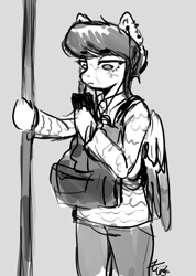 Size: 1119x1569 | Tagged: safe, artist:zowzowo, derpibooru import, oc, oc only, oc:kat, anthro, pegasus, backpack, earbuds, monochrome, phone, public transportation, sketch, solo