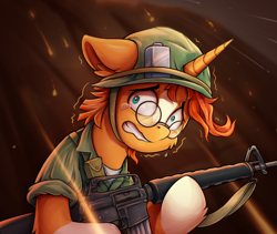 Size: 828x700 | Tagged: safe, artist:zeepheru_pone, derpibooru import, sunburst, pony, unicorn, assault rifle, atg 2023, blaze (coat marking), clothes, coat markings, crying, facial markings, fear, glasses, gun, helmet, m16, male, military uniform, newbie artist training grounds, rifle, scared, shirt, socks (coat marking), solo, stallion, uniform, vietnam war, war, weapon