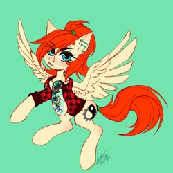 Size: 1800x1800 | Tagged: safe, artist:lomilykohi, derpibooru import, oc, oc only, oc:ray muller, pegasus, pony, clothes, ear piercing, eyeshadow, green background, makeup, piercing, ponytail, signature, simple background, solo, spread wings, tattoo, wings