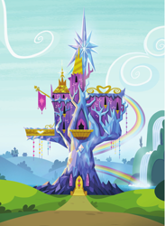 Size: 722x987 | Tagged: safe, derpibooru import, g4, background, banner, building, cloud, grass, official, path, rainbow, scenery, sky, twilight's castle, water, waterfall