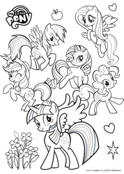 Size: 1563x2191 | Tagged: safe, derpibooru import, applejack, fluttershy, pinkie pie, rainbow dash, rarity, twilight sparkle, twilight sparkle (alicorn), alicorn, earth pony, pegasus, pony, unicorn, g4, black and white, coloring page, female, flower, grayscale, mane six, mare, monochrome, my little pony logo, official, simple background, text, white background