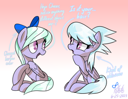 Size: 2180x1683 | Tagged: safe, artist:notadeliciouspotato, derpibooru import, cloudchaser, flitter, pegasus, pony, bow, dialogue, duo, female, folded wings, gradient background, hair bow, happy, hoof on chin, looking at each other, looking at someone, mare, narrowed eyes, open mouth, open smile, raised hoof, raised leg, siblings, signature, sitting, smiling, speech bubble, twins, wings