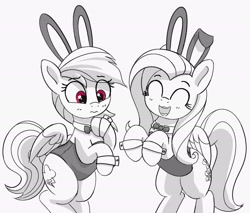 Size: 2281x1939 | Tagged: safe, artist:pabbley, derpibooru import, fluttershy, rainbow dash, pegasus, pony, bunny ears, bunny suit, clothes, cute, duo, eyes closed, female, frown, grayscale, looking down, mare, monochrome, open mouth, open smile, partial color, rearing, shyabetes, simple background, smiling, white background