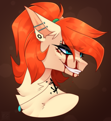 Size: 1972x2160 | Tagged: safe, artist:elektra-gertly, derpibooru import, oc, oc only, oc:ray muller, angry, blood, collar, crazy face, ear piercing, eyeshadow, faic, makeup, piercing, ponytail, solo