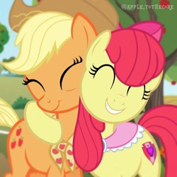 Size: 1080x1080 | Tagged: artist needed, source needed, safe, derpibooru import, apple bloom, applejack, earth pony, pony, ^^, adorabloom, cute, duo, eyes closed, female, hug, jackabetes, mare, older, older apple bloom, older applejack, side hug