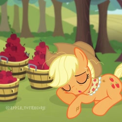 Size: 1080x1080 | Tagged: artist needed, safe, derpibooru import, applejack, earth pony, pony, the last problem, apple, apple tree, cute, female, jackabetes, older, older applejack, sleeping, solo, tree