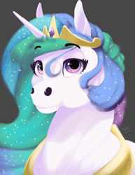 Size: 2550x3300 | Tagged: safe, artist:maniatico jerte oficial, derpibooru import, princess celestia, alicorn, pony, bust, crown, eyebrows, eyebrows visible through hair, female, gray background, high res, hoers, jewelry, looking at you, mare, peytral, regalia, signature, simple background, smiling, smiling at you, solo