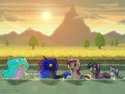 Size: 800x600 | Tagged: safe, artist:rangelost, derpibooru import, princess cadance, princess celestia, princess flurry heart, princess luna, twilight sparkle, twilight sparkle (alicorn), alicorn, pony, alicorn pentarchy, eyes closed, female, filly, foal, looking back, mare, mountain, open mouth, open smile, partially submerged, pegaduck, pixel art, scenery, smiling, sunset, swanlestia