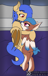 Size: 2724x4320 | Tagged: safe, artist:etheria galaxia, derpibooru import, oc, oc only, oc:lissy fluffball, oc:lunar saintly, bat pony, hybrid, insect, moth, mothpony, original species, pony, bed, choker, collar, cuddling, ear piercing, earring, fangs, hybrid oc, jewelry, looking at each other, looking at someone, piercing, pillow, sketch, slit eyes, spiked choker, spiked collar, watermark, wings