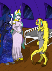 Size: 518x700 | Tagged: safe, artist:lullabyjak, derpibooru import, princess celestia, princess luna, oc, oc:rachel lockhart, alicorn, anthro, dragon, bed, breasts, clothes, crying, ears back, gritted teeth, hospital bed, hybrid oc, snarling, teeth