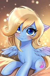 Size: 1799x2700 | Tagged: safe, artist:melfy, derpibooru import, oc, oc only, oc:lusty symphony, pegasus, pony, abstract background, blushing, chest fluff, cute, female, mare, pegasus oc, smiling, solo, spread wings, wings