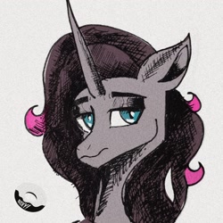 Size: 2048x2048 | Tagged: safe, artist:poxy_boxy, derpibooru import, oleander, pony, unicorn, them's fightin' herds, bust, colored sketch, community related, female, lidded eyes, mare, mixed media, signature, sketch, solo