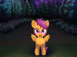 Size: 3800x2800 | Tagged: safe, artist:nihithebrony, derpibooru import, scootaloo, pegasus, pony, blushing, bonds of justice, confession, cute, dark, detailed background, elements of justice, female, filly, foal, forest background, looking at you, night, open mouth, outdoors, solo, spread wings, tree, wings