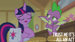 Size: 2000x1125 | Tagged: safe, derpibooru import, edit, edited screencap, editor:quoterific, screencap, spike, twilight sparkle, twilight sparkle (alicorn), alicorn, dragon, pony, the point of no return, bag, hoof on chest, saddle bag, stool, winged spike, wings