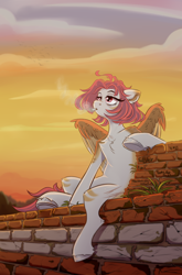 Size: 3000x4550 | Tagged: safe, artist:silverfir, derpibooru import, oc, oc only, pegasus, pony, brick, brick wall, chest fluff, cigarette, cloud, cracks, ears, evening, floppy ears, gradient background, grass, hooves, pensive, raised hoof, raised leg, sad, sitting, sky, smoke, smoking, solo, spots, stripes, sunset, wings