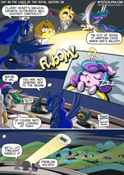 Size: 2171x3070 | Tagged: safe, artist:mysticalpha, derpibooru import, princess celestia, princess flurry heart, princess luna, alicorn, pony, comic:day in the lives of the royal sisters, bat signal, female, filly, foal, magic, magic aura, mare, onomatopoeia, royal sisters, siblings, sisters, sound effects, spotlight, zzz