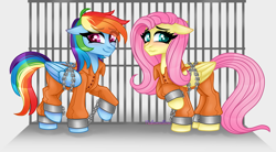 Size: 3861x2133 | Tagged: safe, artist:nekomellow, derpibooru import, fluttershy, rainbow dash, pegasus, pony, bound wings, chained, chains, clothes, duo, female, mare, prison outfit, prisoner ft, prisoner rd, shackles, wings