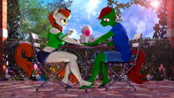 Size: 3840x2160 | Tagged: safe, artist:shadowuwu, artist:theshadow, derpibooru import, autumn blaze, oc, oc:pastel dice, anthro, earth pony, kirin, plantigrade anthro, 3d, anthro oc, autel, balcony, barefoot, breakfast, cake, chair, clothes, commission, commissioner:equestriaguy637, cup, cupcake, cute, dating, denim, denim shorts, duo, duo male and female, earth pony oc, feet, female, flower, food, foot fetish, footsie, glass, holding hands, leaves, lens flare, looking at each other, looking at someone, male, nail polish, plate, romantic, shirt, short shirt, shorts, sitting, smiling, smiling at each other, source filmmaker, straight, t-shirt, table, teacup, tree, ych result