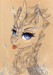 Size: 1024x1444 | Tagged: safe, artist:lailyren, derpibooru import, oc, oc only, oc:lemon muffins, kirin, bust, portrait, solo, tongue, tongue out, traditional art