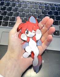 Size: 1606x2048 | Tagged: safe, artist:amo, derpibooru import, human, pony, computer, hand, holding a pony, in goliath's palm, irl, laptop computer, one eye closed, photo, ponies in real life, size difference, solo, tiny, tiny ponies