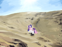 Size: 4000x3000 | Tagged: safe, artist:widelake, derpibooru import, rarity, sweetie belle, pony, unicorn, desert, duo, female, foal, mare, oil painting, traditional art
