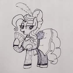 Size: 1821x1821 | Tagged: safe, artist:legendoflink, derpibooru import, pinkie pie, earth pony, pony, clothes, dress, fan, female, looking at you, mare, monochrome, saloon dress, saloon pinkie, simple background, solo, traditional art