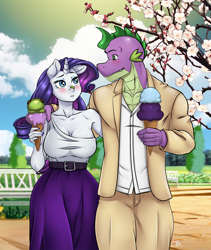 Size: 1200x1421 | Tagged: safe, artist:pia-sama, derpibooru import, rarity, spike, anthro, dragon, unicorn, blushing, breasts, cleavage, clothes, female, food, height difference, ice cream, looking at each other, looking at someone, male, mare, nail polish, older, older spike, raritits, shipping, sparity, straight