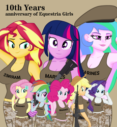 Size: 940x1020 | Tagged: safe, artist:ah96, artist:edy_january, artist:tharn666, derpibooru import, editor:ah96, applejack, fluttershy, pinkie pie, princess celestia, principal celestia, rainbow dash, rarity, sunset shimmer, twilight sparkle, human, equestria girls 10th anniversary, better together, equestria girls, anniversary of equestria girls, assault rifle, barrette, camouflage, clothes, group, gun, handgun, hat, link in description, m16, m16a4, marine, marines, military, military uniform, revolver, rifle, soldier, soldiers, submachinegun, tanktop, tmp, trigger discipline, uniform, united states, vulgar description, weapon