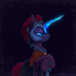 Size: 1298x1298 | Tagged: safe, artist:blue ink, derpibooru import, edit, editor:tss, tempest shadow, pony, unicorn, artificial horn, augmented, broken horn, cloak, clothes, eye scar, facial scar, female, helmet, horn, magic, magic horn, order storm ponies, poster, poster parody, scar, simple background, sword, weapon