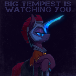 Size: 1298x1298 | Tagged: safe, artist:blue ink, derpibooru import, edit, editor:tss, tempest shadow, pony, unicorn, artificial horn, augmented, broken horn, cloak, clothes, eye scar, facial scar, female, helmet, horn, looking at you, magic, magic horn, order storm ponies, poster, poster parody, propaganda, propaganda poster, scar, simple background, sword, weapon