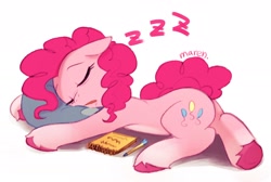 Size: 2048x1376 | Tagged: safe, artist:maren, derpibooru import, pinkie pie, earth pony, pony, drool, eyes closed, female, lying down, mare, onomatopoeia, simple background, sleeping, solo, sound effects, unshorn fetlocks, white background, zzz