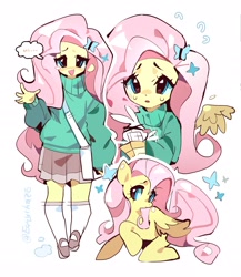 Size: 2341x2698 | Tagged: safe, artist:itsfroppyy, derpibooru import, angel bunny, fluttershy, butterfly, human, pegasus, pony, rabbit, animal, clothes, female, hairpin, looking at you, male, simple background, skirt, solo, sweater, text, waving, white background