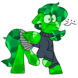 Size: 1500x1500 | Tagged: safe, artist:grandfinaleart, derpibooru import, oc, oc only, oc:emerald radiance, crystal pony, pegasus, pony, ..., angry, clothes, concerned, concerned pony, crystal pony oc, digital art, female, folded wings, green eyes, green hair, green mane, green pony, green tail, mare, pegasus oc, raised hoof, raised leg, scowl, simple background, skirt, solo, sweater, tail, transparent background, turtleneck, wings, worried