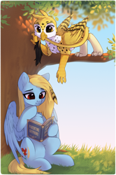 Size: 1956x2940 | Tagged: safe, artist:anku, derpibooru exclusive, derpibooru import, oc, oc only, oc:beaky, oc:brave blossom, griffon, pegasus, pony, fanfic:yellow feathers, biting, book, cutie mark, duo, female, griffon oc, male, mother and child, mother and son, parent and child, pegasus oc, tail, tail bite, tree, tree branch