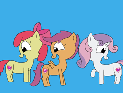 Size: 2000x1500 | Tagged: safe, artist:blazewing, derpibooru import, apple bloom, scootaloo, sweetie belle, earth pony, pegasus, unicorn, atg 2023, blue background, bow, cutie mark, cutie mark crusaders, drawpile, female, filly, foal, hair bow, happy, looking down, newbie artist training grounds, open mouth, raised hoof, raised leg, simple background, smiling