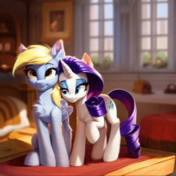 Size: 894x894 | Tagged: safe, ai content, derpibooru exclusive, derpibooru import, generator:purplesmart.ai, generator:stable diffusion, machine learning generated, derpy hooves, rarity, pegasus, pony, unicorn, bedroom eyes, chest fluff, derpity, duo, duo female, ear fluff, ears, female, horn, leaning, lesbian, makeup, shipping, sitting, wings