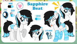 Size: 1200x689 | Tagged: safe, artist:jennieoo, derpibooru import, oc, oc:sapphire beat, pegasus, pony, clothes, commission, cute, cutie mark, happy, looking at you, one eye closed, reference, reference sheet, show accurate, smiling, smiling at you, solo, stockings, thigh highs, tongue, tongue out, vector, wink, winking at you