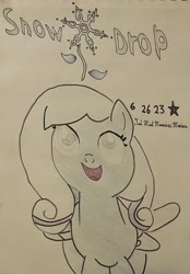 Size: 1884x2710 | Tagged: safe, derpibooru import, oc, oc only, oc:snowdrop, pony, g4, atg 2023, colored pencil drawing, cutie mark, fanfic art, name, newbie artist training grounds, pen drawing, pencil drawing, signature, snowdrop (animation), solo, traditional art