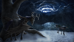 Size: 2880x1620 | Tagged: safe, artist:adept_fluttershy, derpibooru import, oc, bat pony, big, high res, looking at you, male, moon, night, realistic, skull, snow, snowfall, storm, winter