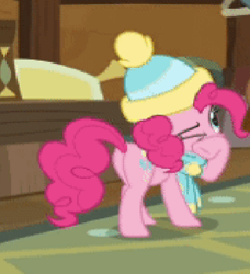 Size: 585x642 | Tagged: safe, derpibooru import, pinkie pie, best gift ever, balloonbutt, butt, cropped, flank, gif, hat, non-animated gif, scarf