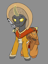 Size: 1620x2160 | Tagged: safe, artist:gardarik, derpibooru import, oc, changeling, clothes, gun, handgun, male, mexican, revolver, simple background, solo, sombrero, weapon, wild west, yellow changeling